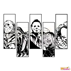Halloween horror movie killers SVG design showing detailed spooky characters