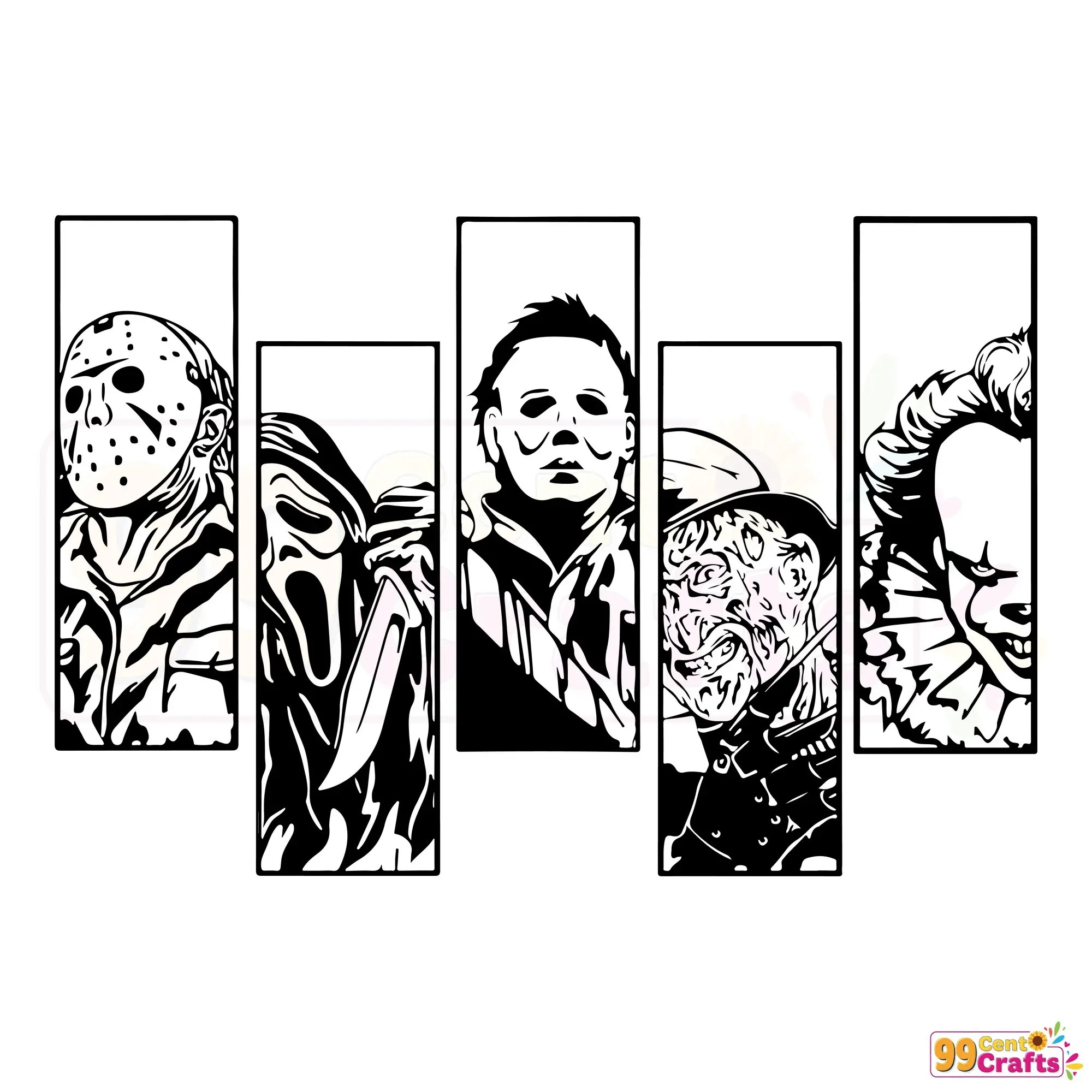 Halloween horror movie killers SVG design showing detailed spooky characters