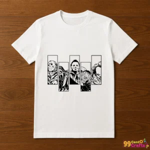 Halloween horror movie killers SVG design printed on a t-shirt mockup
