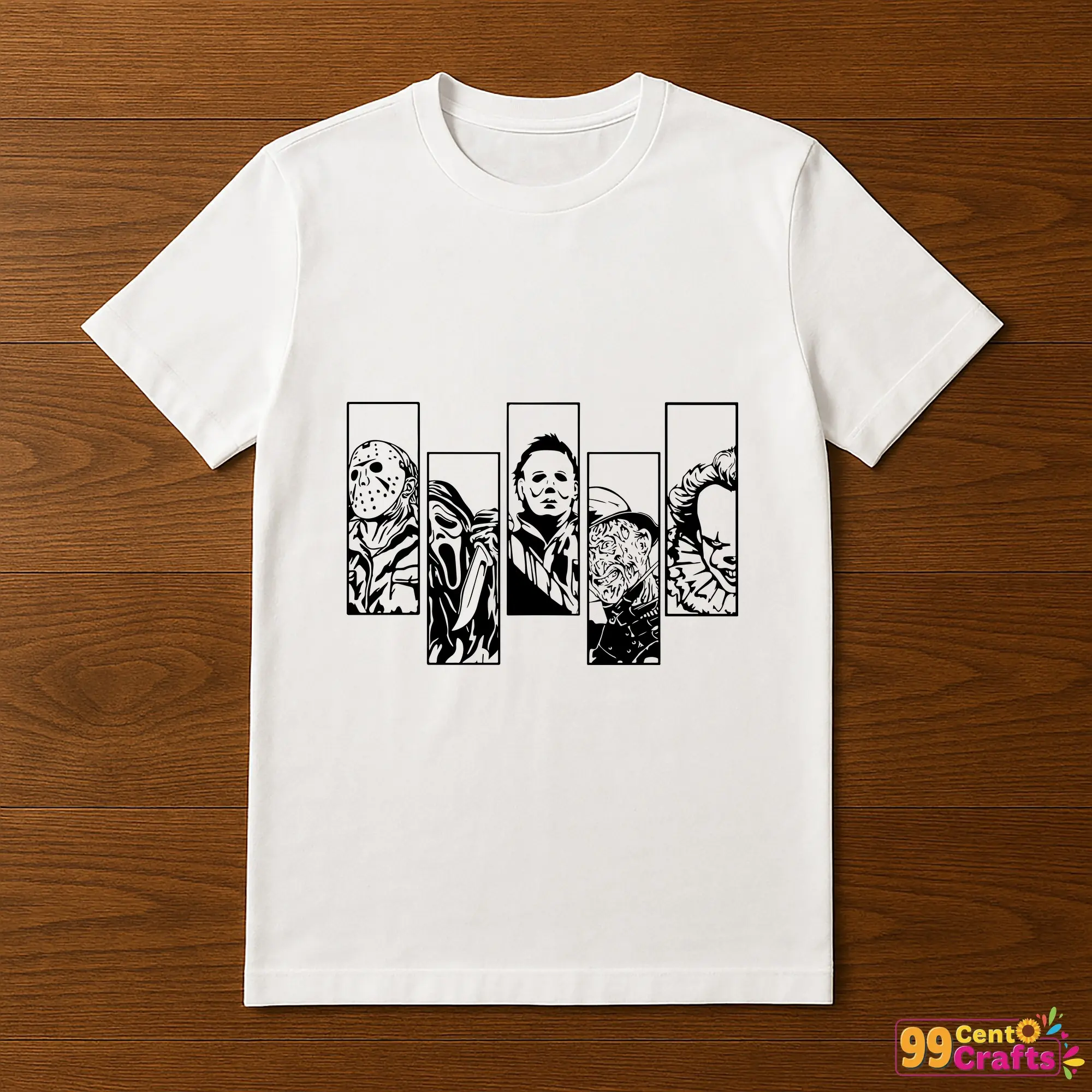 Halloween horror movie killers SVG design printed on a t-shirt mockup