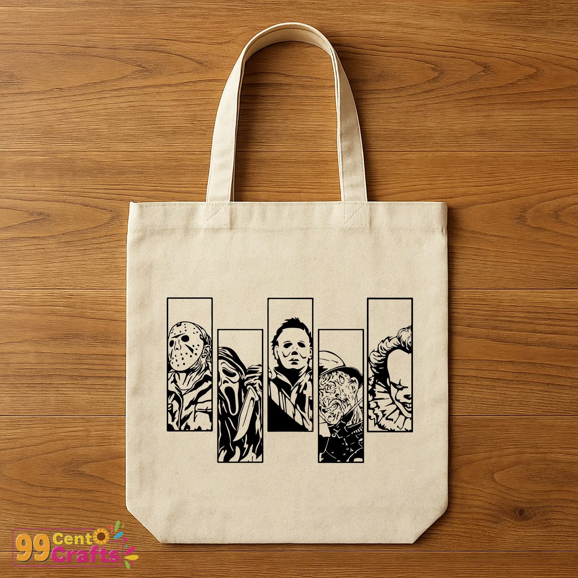 Halloween horror movie killers SVG design on a tote bag mockup