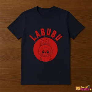 Halloween Labubu edgy red circle design printed on t-shirt mockup for spooky apparel