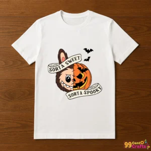 Halloween Labubu pumpkin SVG design printed on t-shirt mockup showing cute spooky character