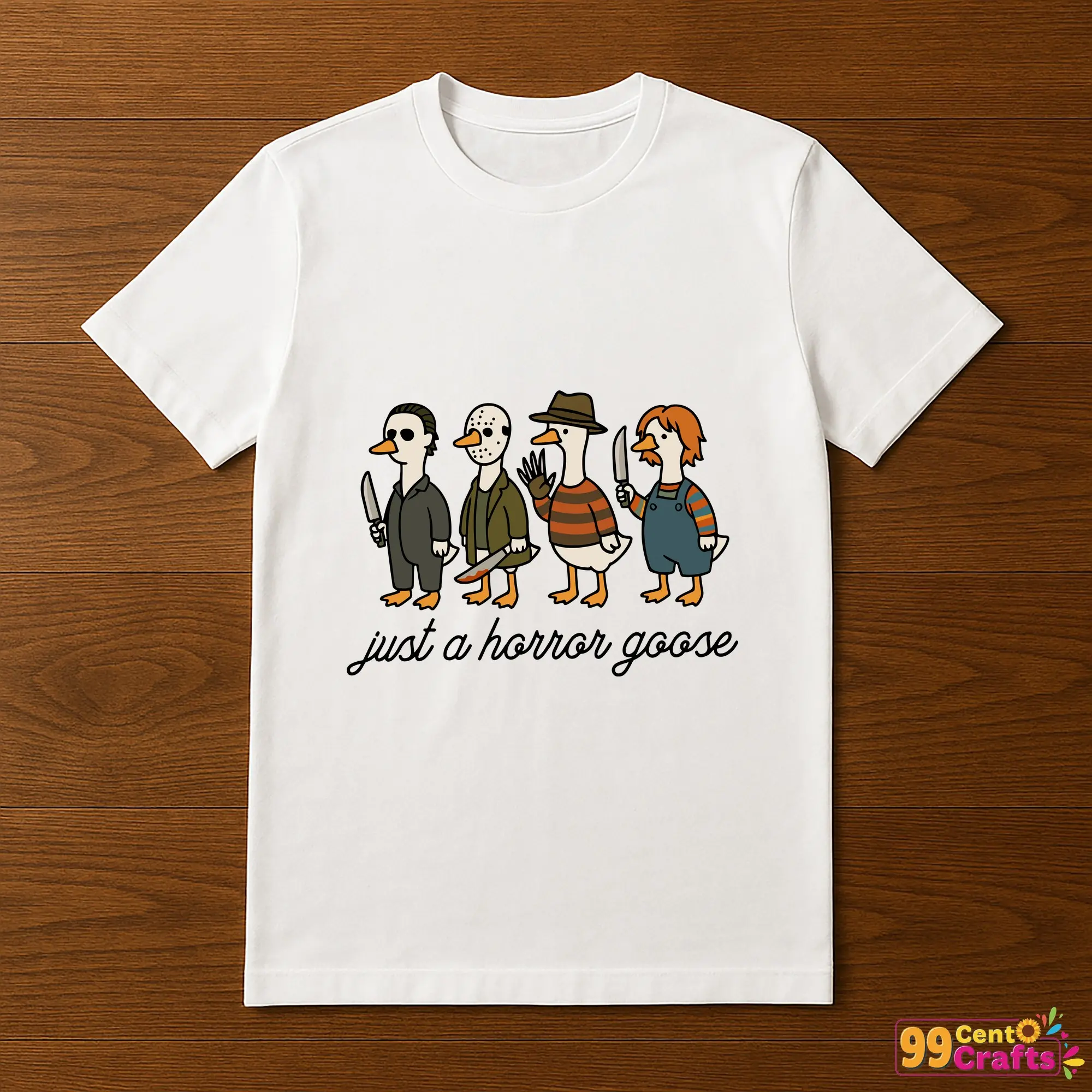 Halloween silly goose horror design printed on t-shirt mockup showing spooky apparel application