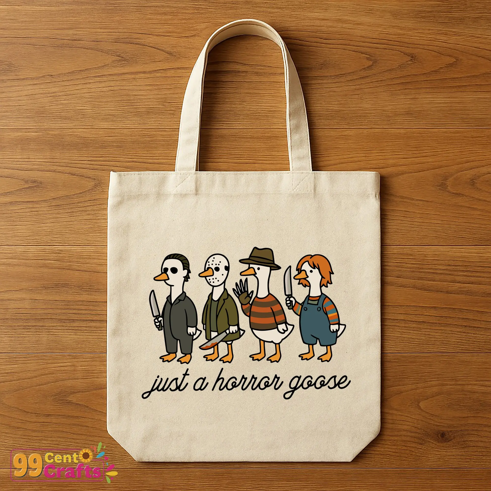 Halloween silly goose spooky design on tote bag mockup demonstrating seasonal accessory use