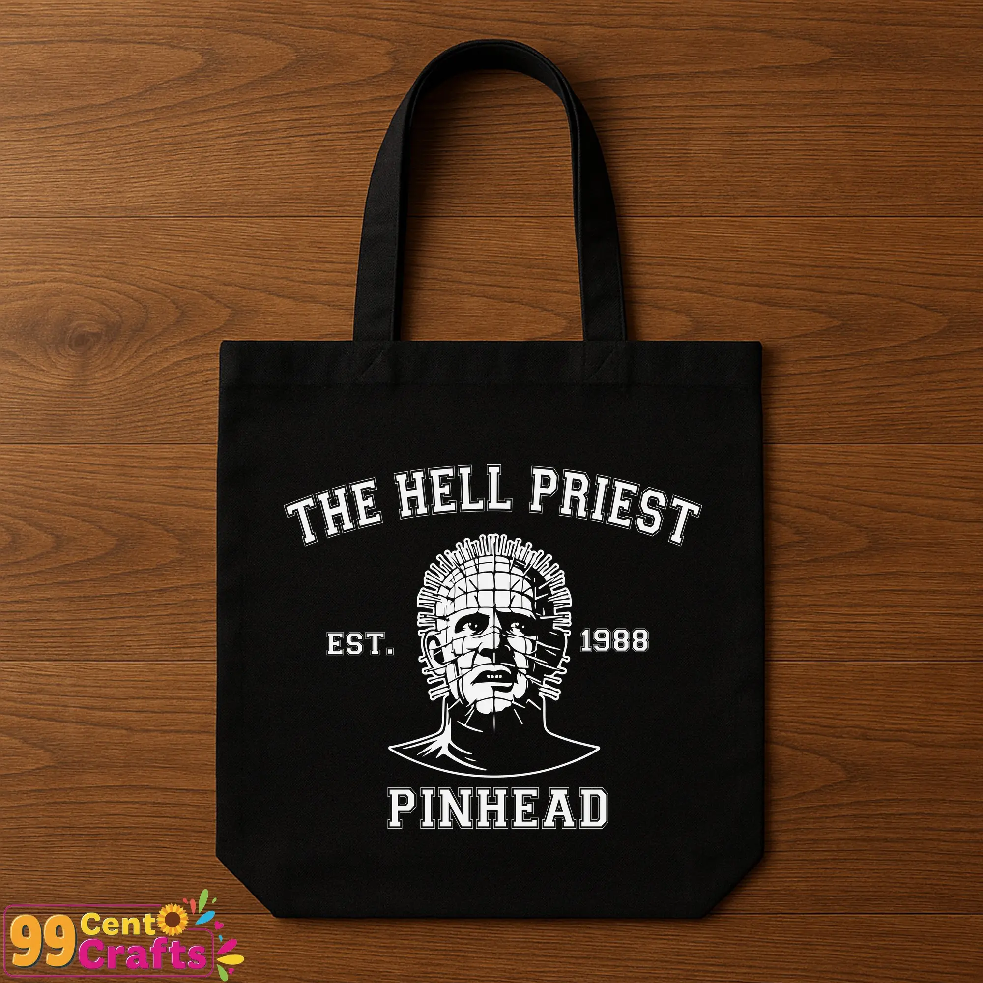 The Hell Priest Est 1988 Pinhead SVG design on a tote bag mockup
