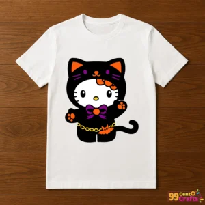 Hello Kitty black cat Halloween design printed on t-shirt mockup showing kawaii spooky-cute style for apparel