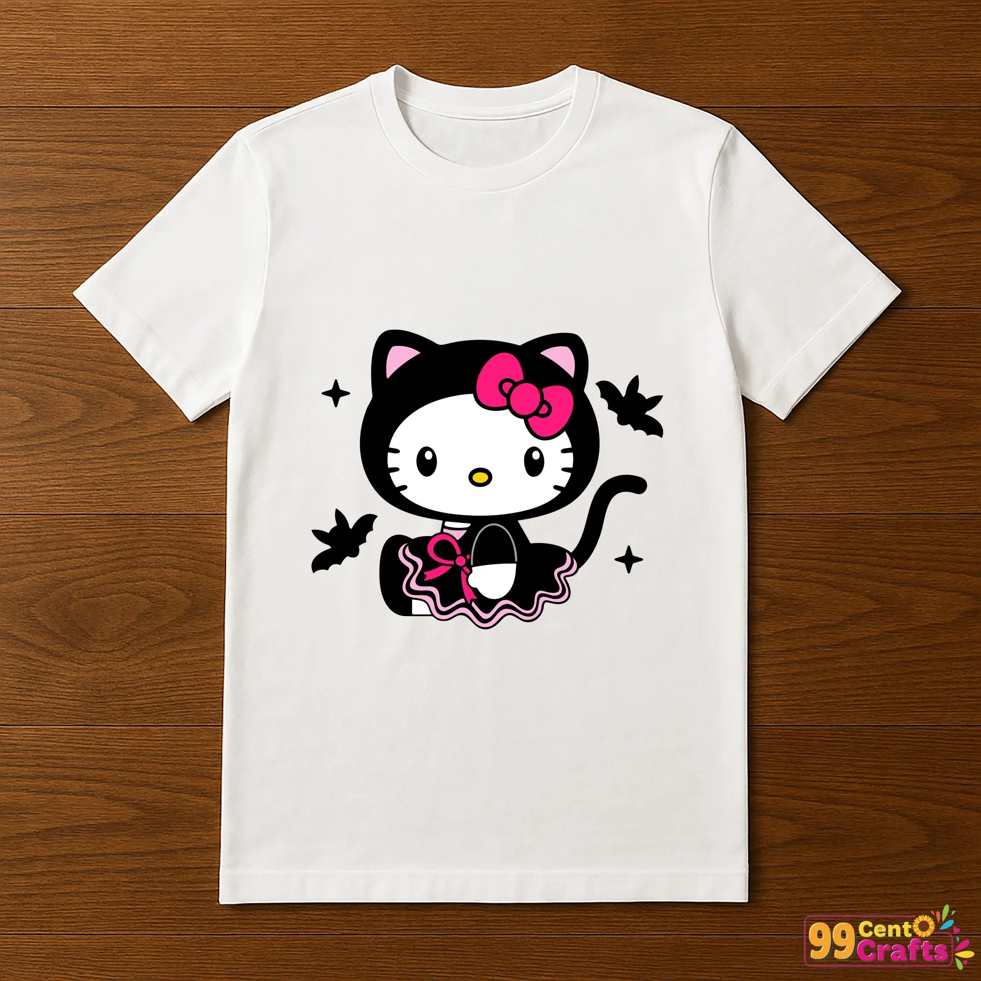 Hello Kitty Black Cat Lolita Halloween design printed on t-shirt mockup showing apparel application