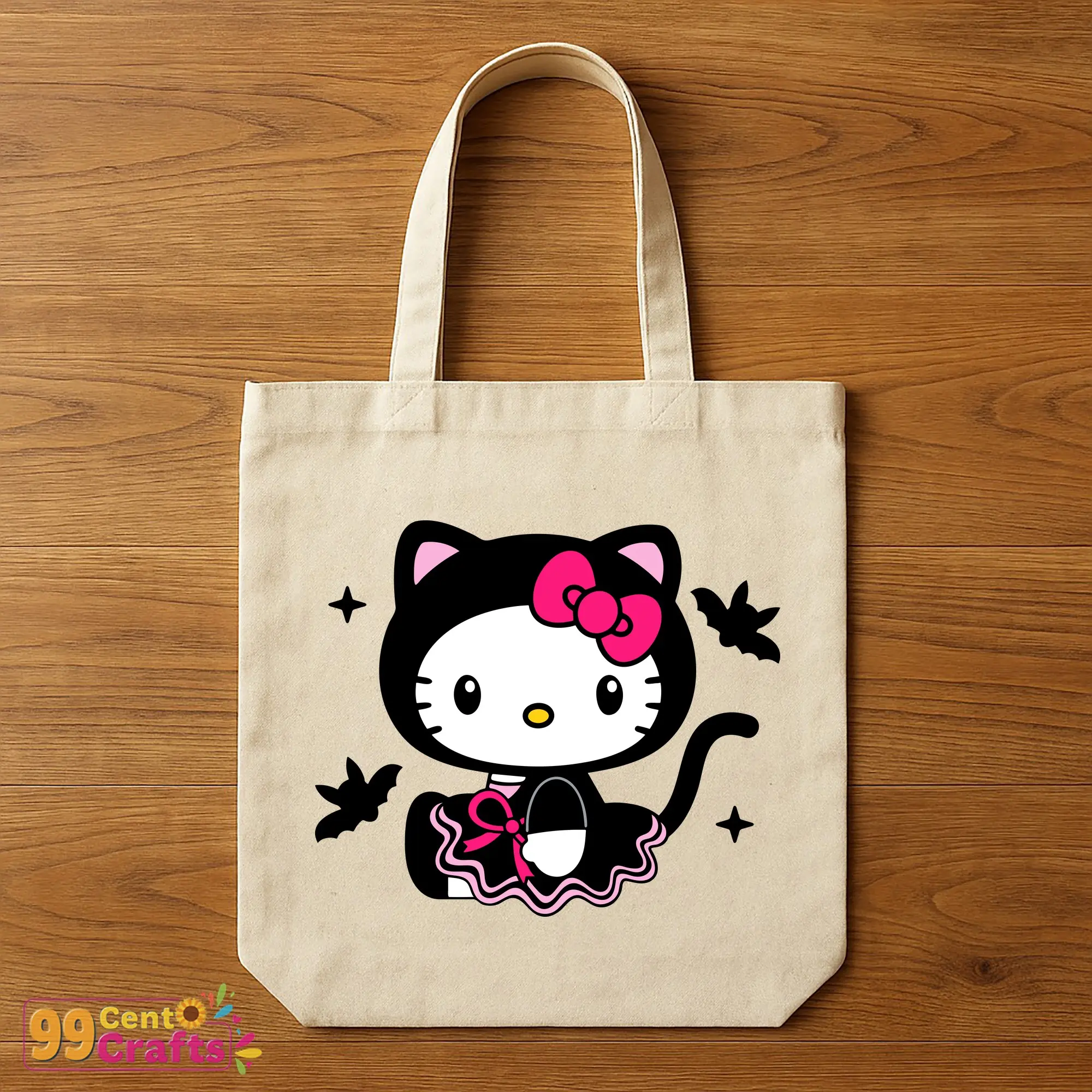 Hello Kitty Black Cat Lolita Halloween design on tote bag mockup demonstrating lifestyle accessory use