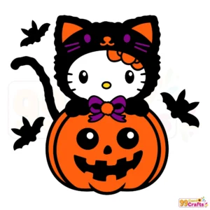 Hello Kitty black cat pumpkin Halloween SVG design file showing cute character with pumpkin elements for cutting machines