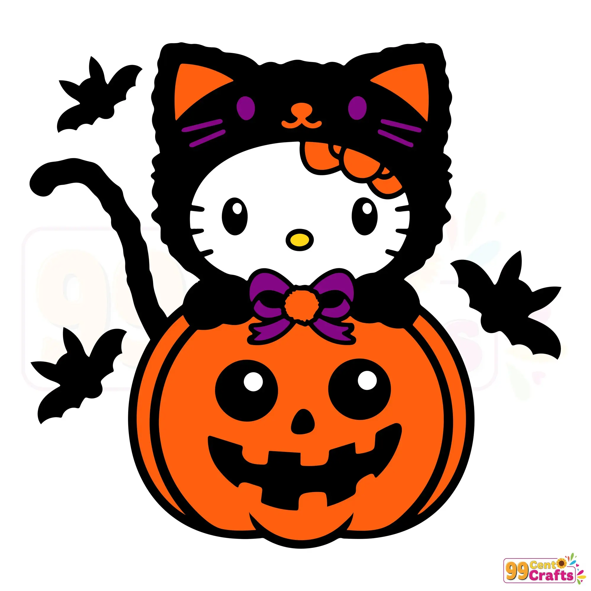 Hello Kitty black cat pumpkin Halloween SVG design file showing cute character with pumpkin elements for cutting machines