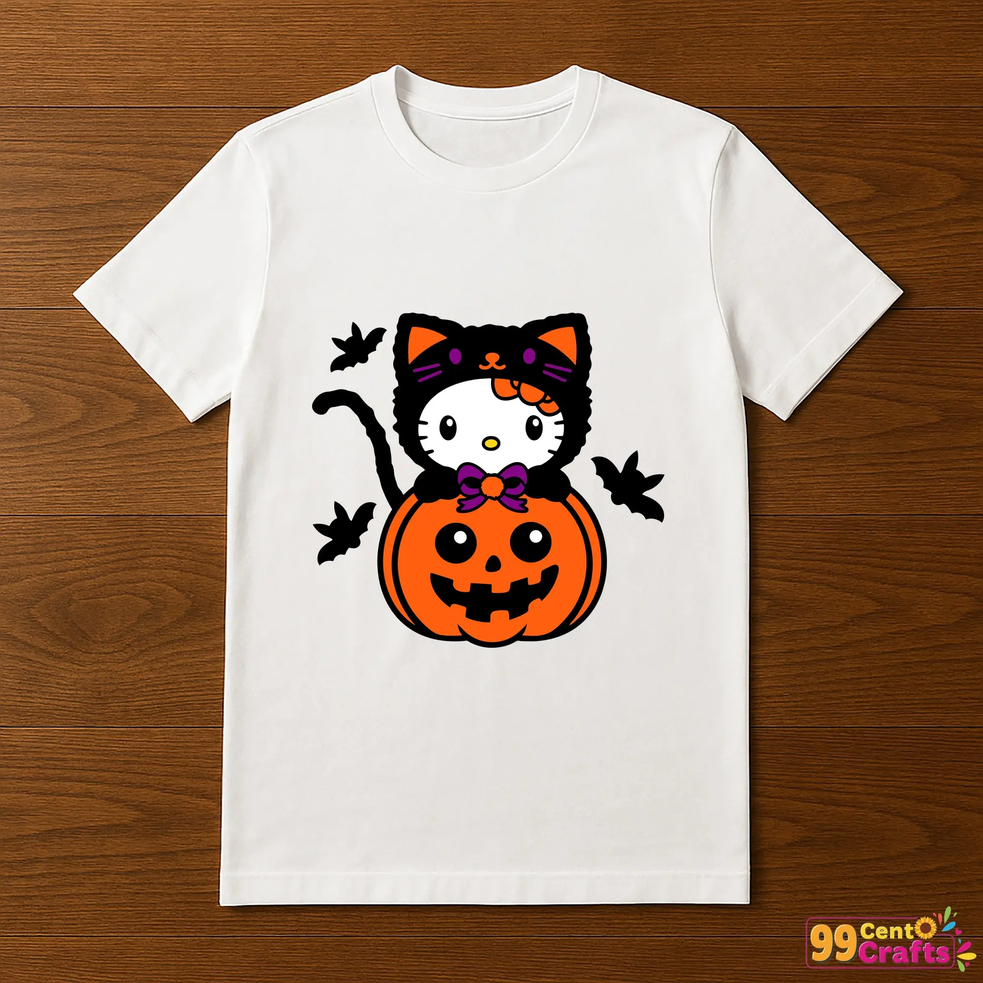 Hello Kitty black cat pumpkin Halloween design printed on t-shirt mockup showing apparel application