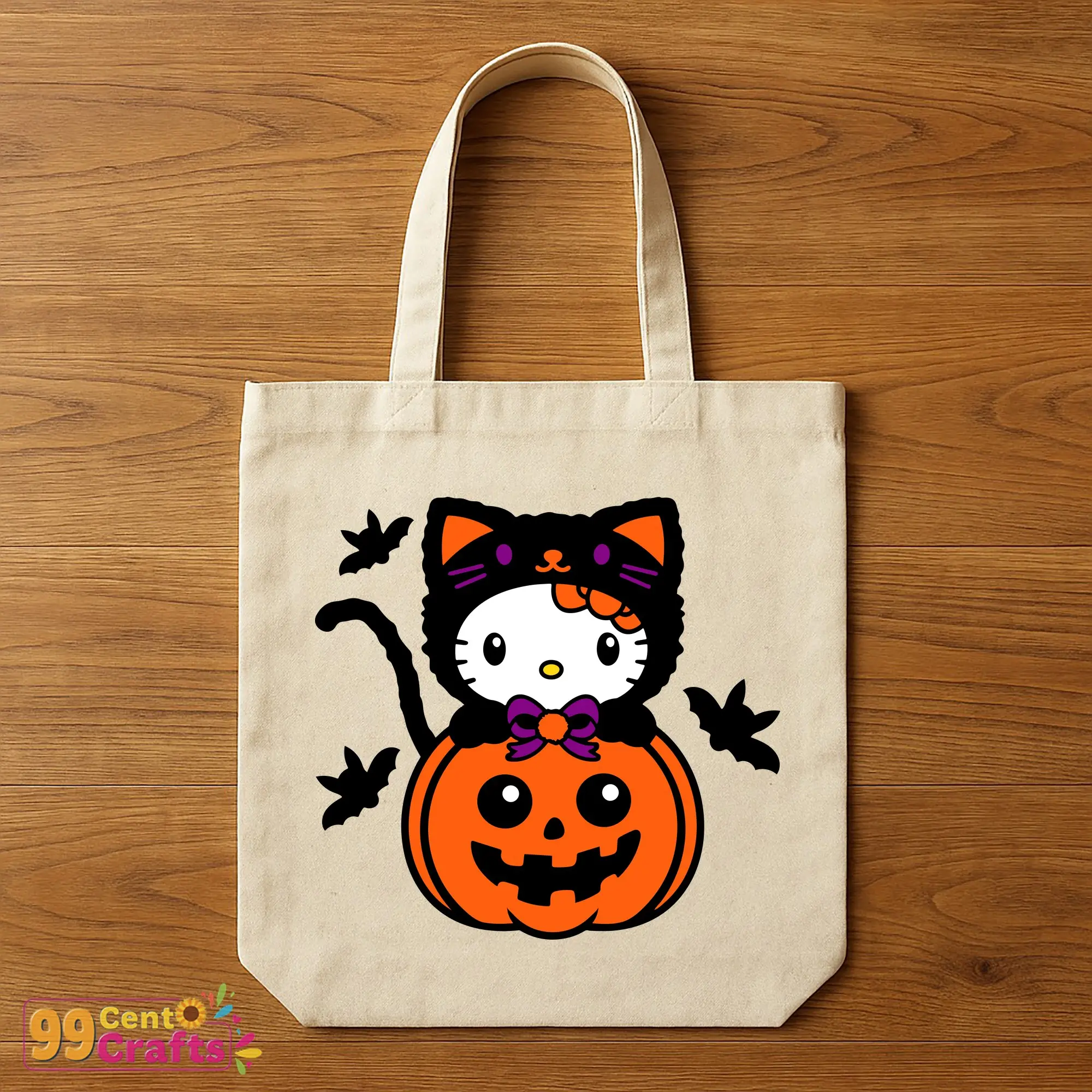 Hello Kitty black cat pumpkin Halloween SVG design on tote bag mockup for lifestyle accessory use