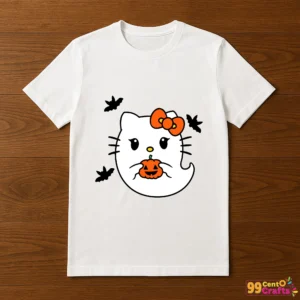 Hello Kitty Boo Ghost Pumpkin Halloween SVG design printed on t-shirt mockup showing cute spooky theme apparel
