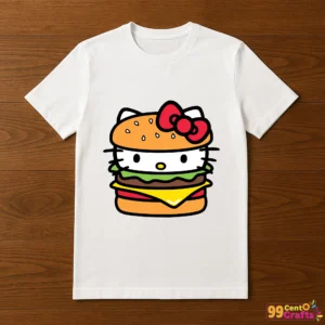 Hello Kitty burger design on t-shirt mockup showing kawaii hamburger face SVG for apparel crafting projects