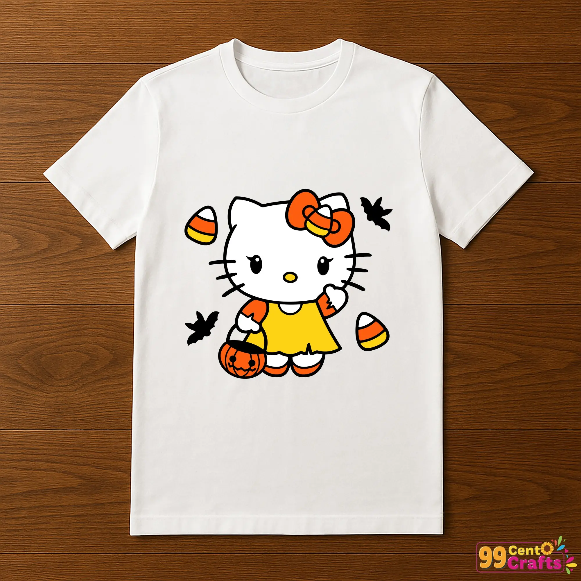 Hello Kitty Halloween candy corn pumpkin design printed on t-shirt mockup for crafting inspiration
