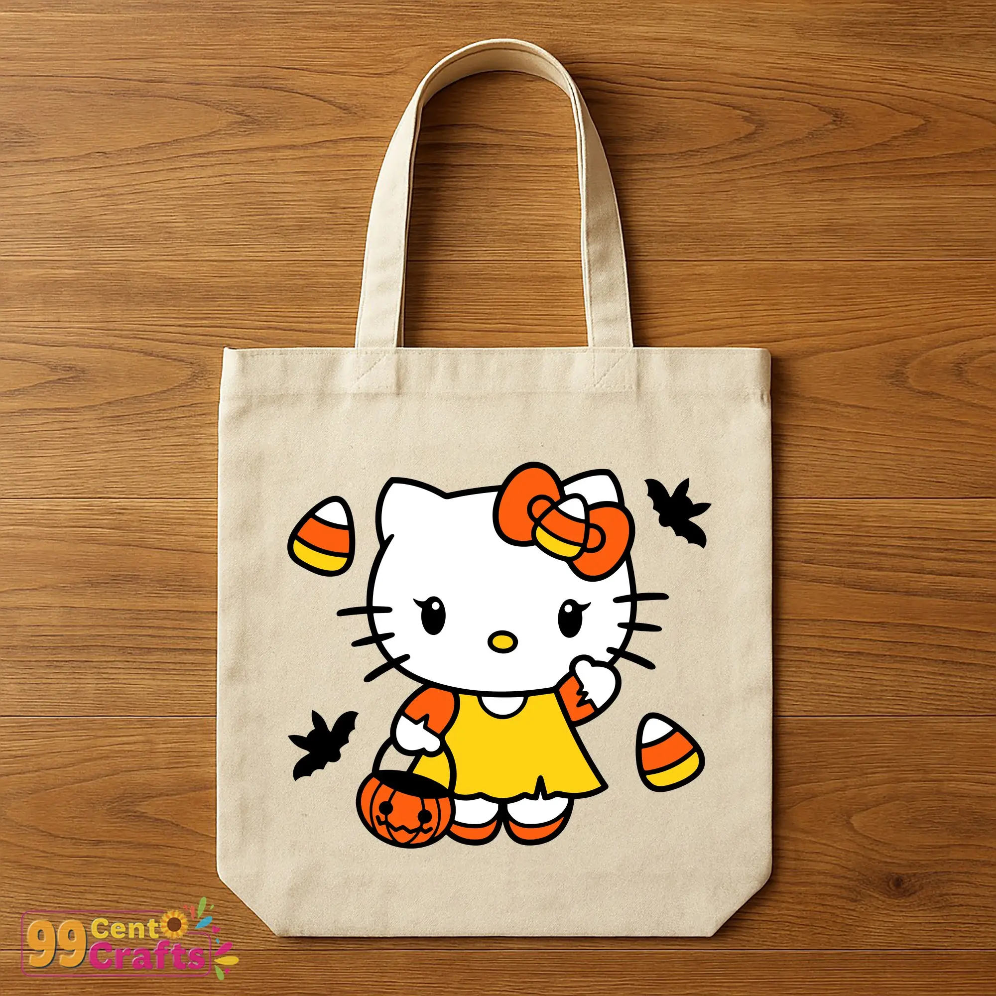 Hello Kitty candy corn pumpkin Halloween SVG design on tote bag mockup showing lifestyle application
