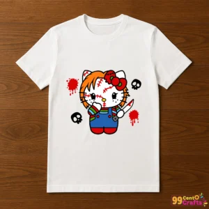 Hello Kitty Chucky Halloween design printed on t-shirt mockup for apparel crafting projects