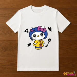 Hello Kitty Coraline Halloween design printed on t-shirt mockup showing apparel application