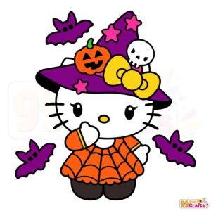 Hello Kitty cute witch Halloween SVG design with hat and broomstick for Cricut crafting