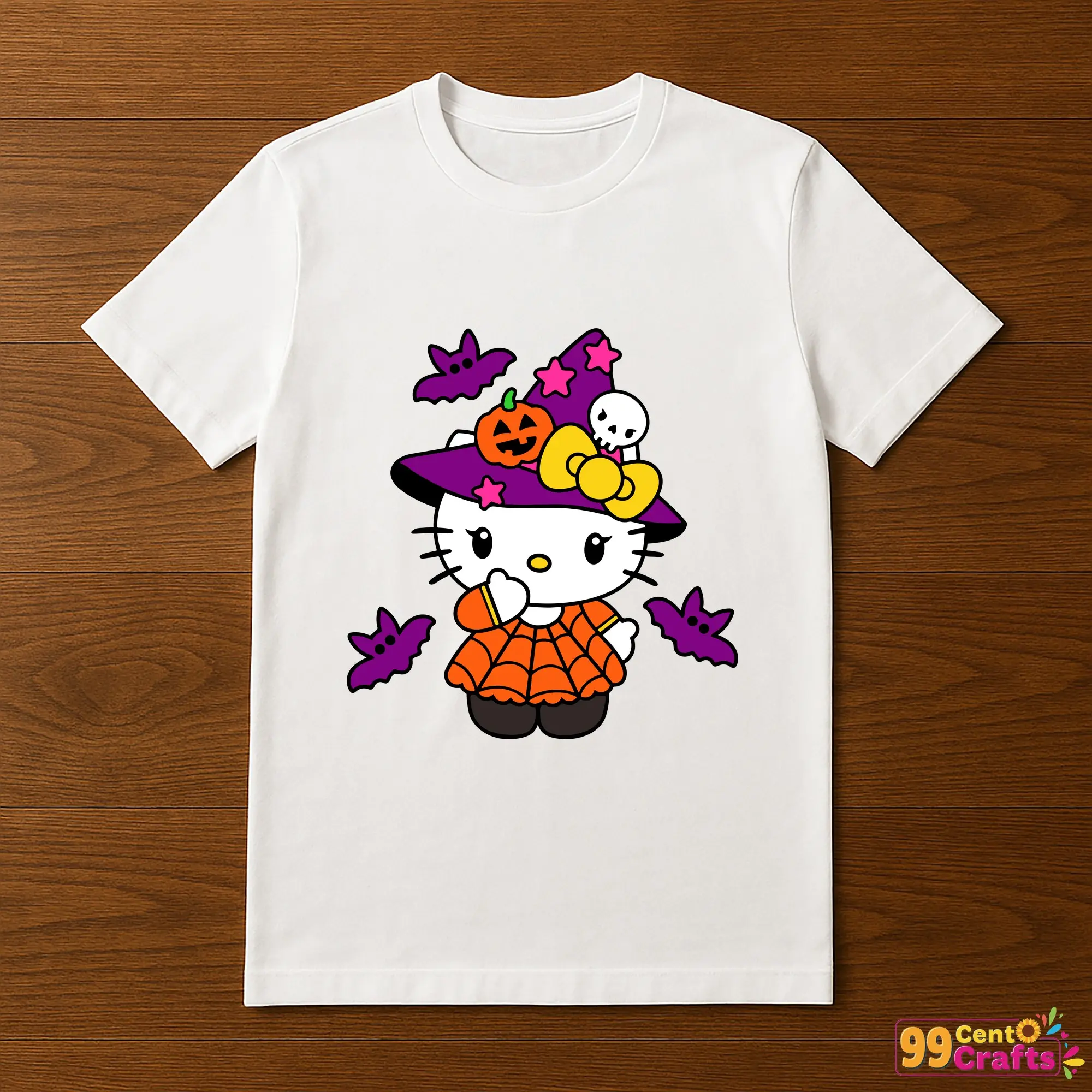 Hello Kitty witch Halloween design printed on t-shirt mockup showing cute character with hat