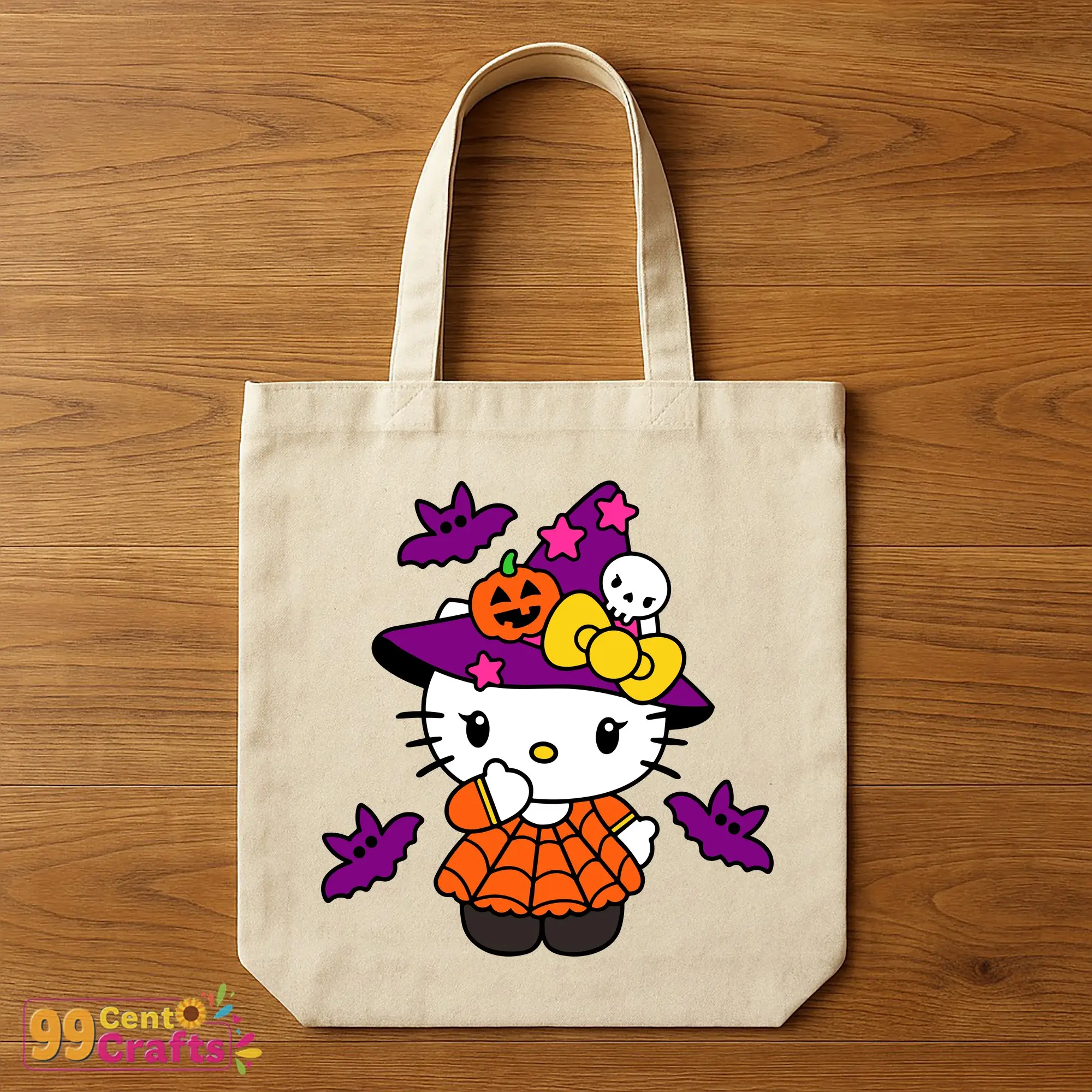 Hello Kitty witch Halloween SVG design on tote bag mockup perfect for trick or treat bags