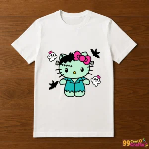 Hello Kitty Frankenstein Halloween design printed on t-shirt mockup showing cute monster character apparel