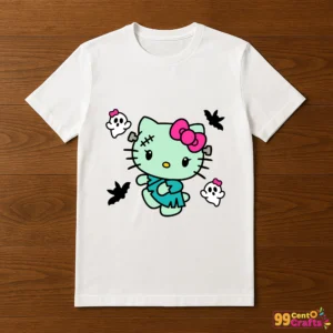 Hello Kitty Frankenstein Halloween design printed on t-shirt mockup showing craft project application