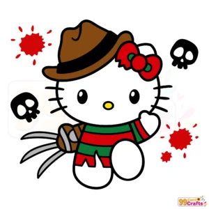 Hello Kitty Freddy Krueger Halloween SVG design with horror movie theme for Cricut cutting machines and DIY crafts