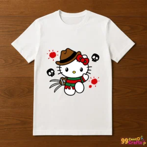 Hello Kitty Freddy Krueger Halloween design on t-shirt mockup showing spooky horror character apparel