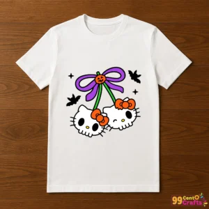 Hello Kitty Halloween design with coquette bow and cherries printed on t-shirt mockup