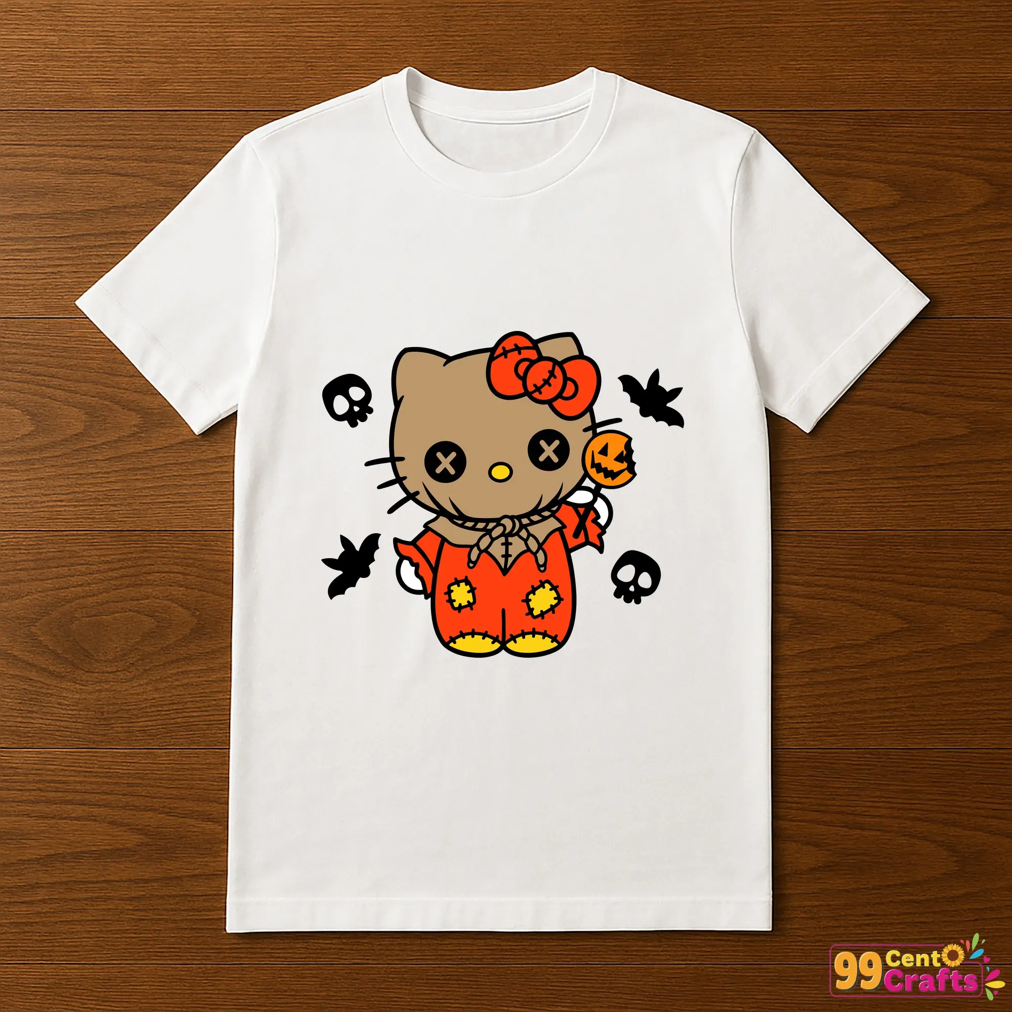 Hello Kitty Trick or Treat Halloween design printed on t-shirt mockup showing cute spooky craft application