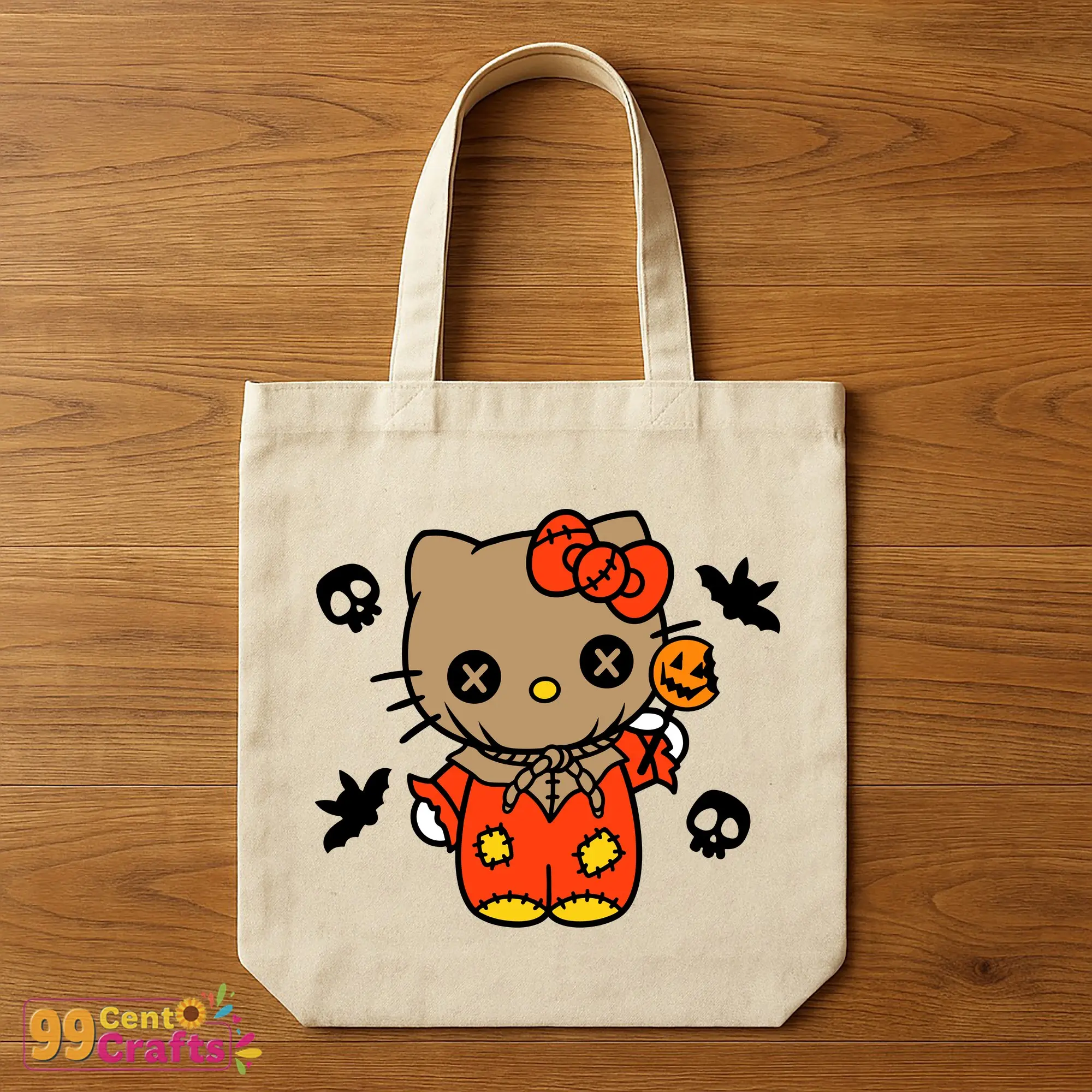 Hello Kitty Halloween SVG design on tote bag mockup displaying cute trick or treat themed craft project