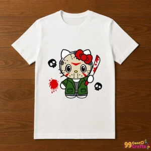 Hello Kitty Jason Voorhees Halloween design printed on t-shirt mockup showing apparel application