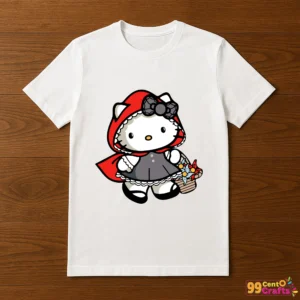 Hello Kitty Little Red Riding Hood design printed on t-shirt mockup showing cute fairytale character application