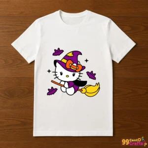 Hello Kitty Little Witch Halloween design printed on t-shirt mockup showing cute witch character for apparel crafting