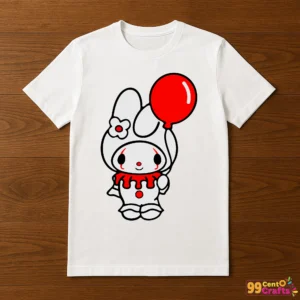Hello Kitty My Melody Pennywise horror mashup design printed on t-shirt mockup for Halloween apparel