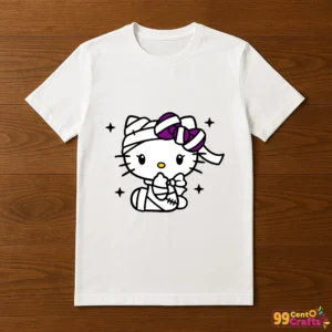 Hello Kitty mummy kawaii Halloween design printed on t-shirt mockup showing cute bandaged character apparel