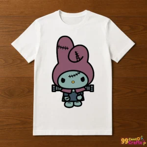 Hello Kitty My Melody Frankenstein design on t-shirt mockup displaying cute Halloween monster graphics