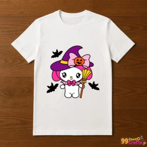 Hello Kitty My Melody Halloween design printed on t-shirt mockup showing Sanrio characters in spooky costumes