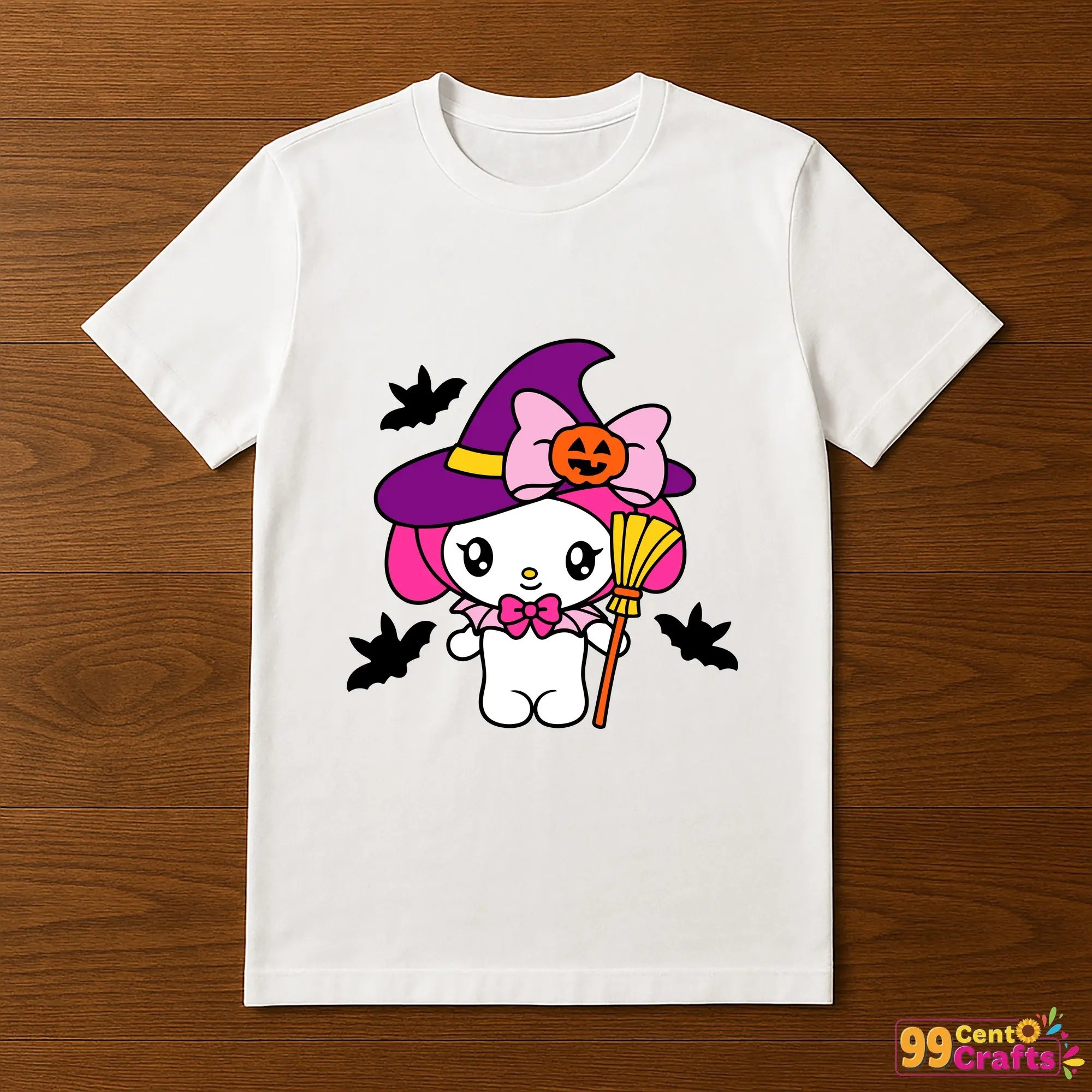 Hello Kitty My Melody Halloween design printed on t-shirt mockup showing Sanrio characters in spooky costumes