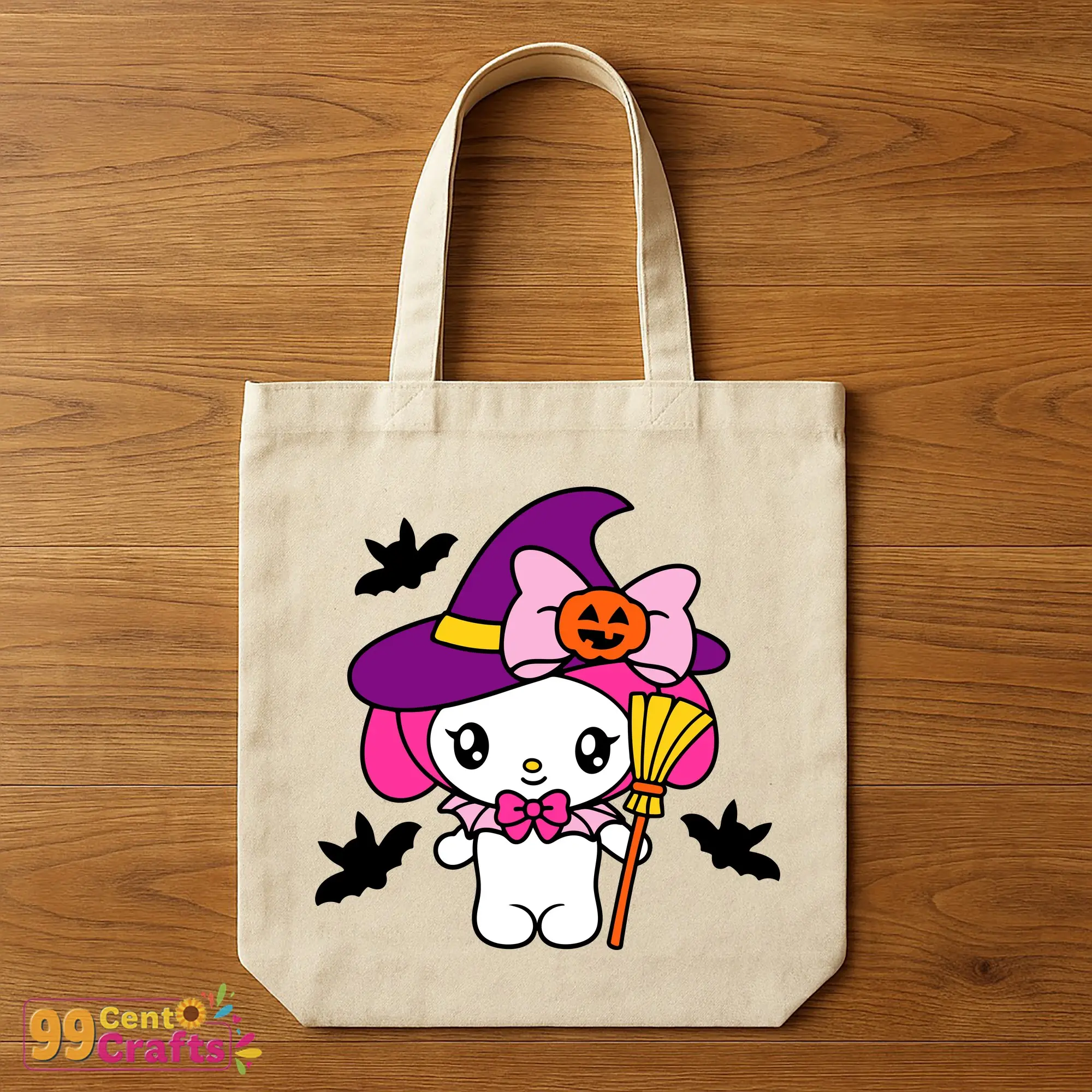 Hello Kitty My Melody Halloween SVG design on tote bag mockup featuring adorable Sanrio characters in Halloween theme