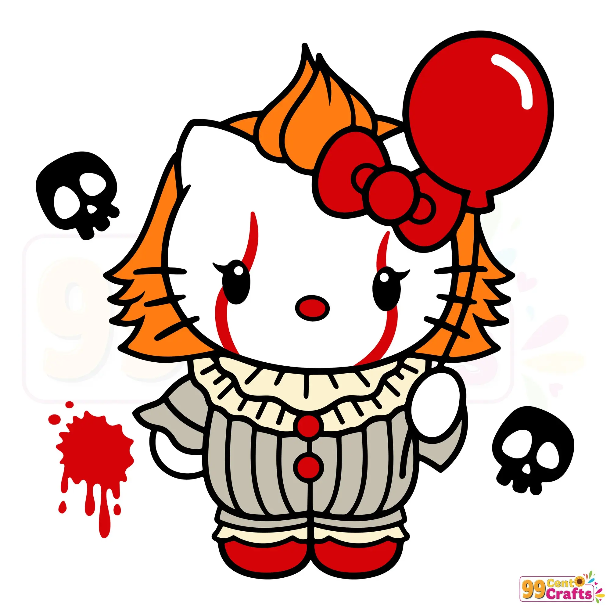 Hello Kitty Pennywise Halloween SVG design featuring cute IT clown digital cut file for Cricut and crafting