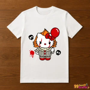 Hello Kitty Pennywise Halloween design printed on t-shirt mockup showing creepy cute IT clown apparel