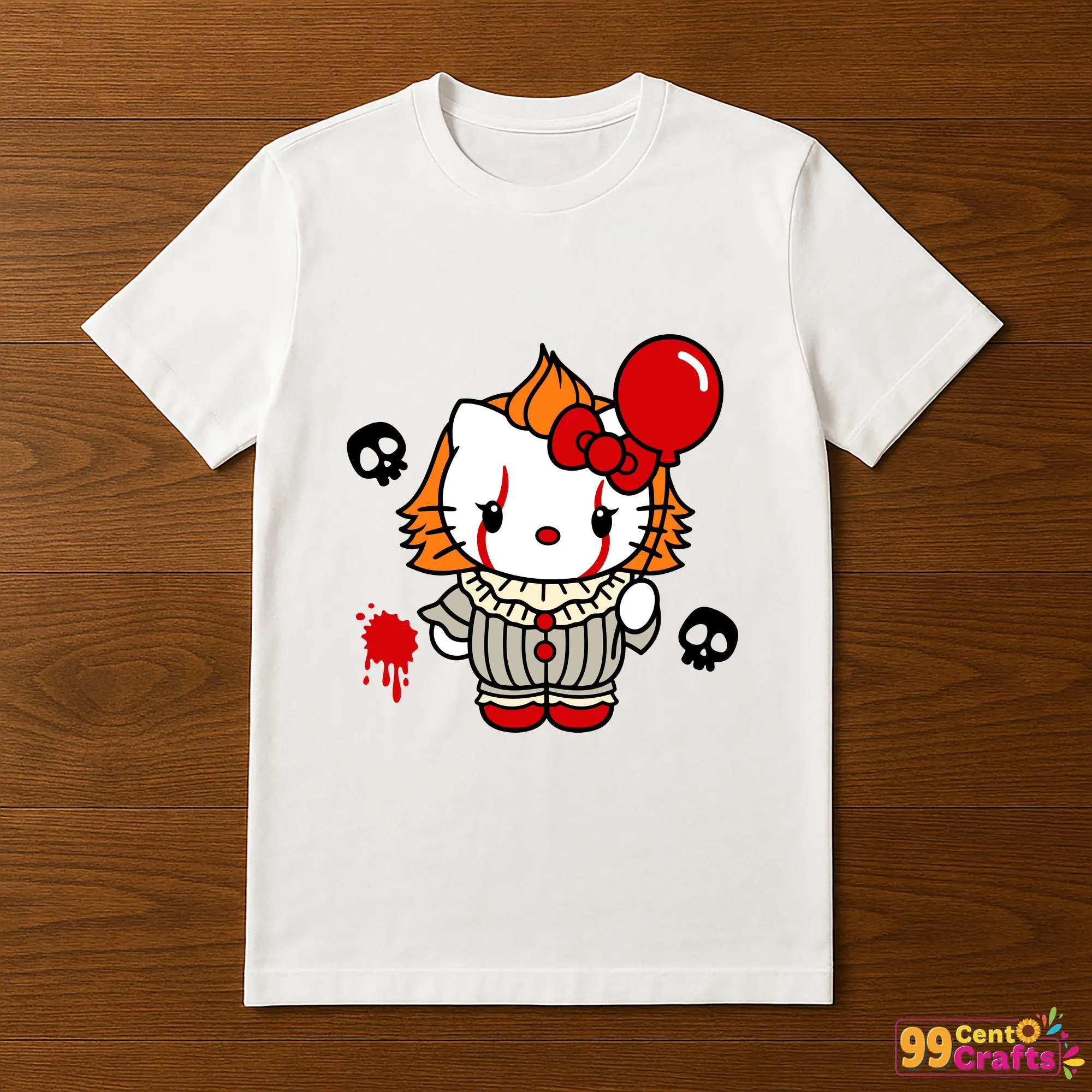 Hello Kitty Pennywise Halloween design printed on t-shirt mockup showing creepy cute IT clown apparel