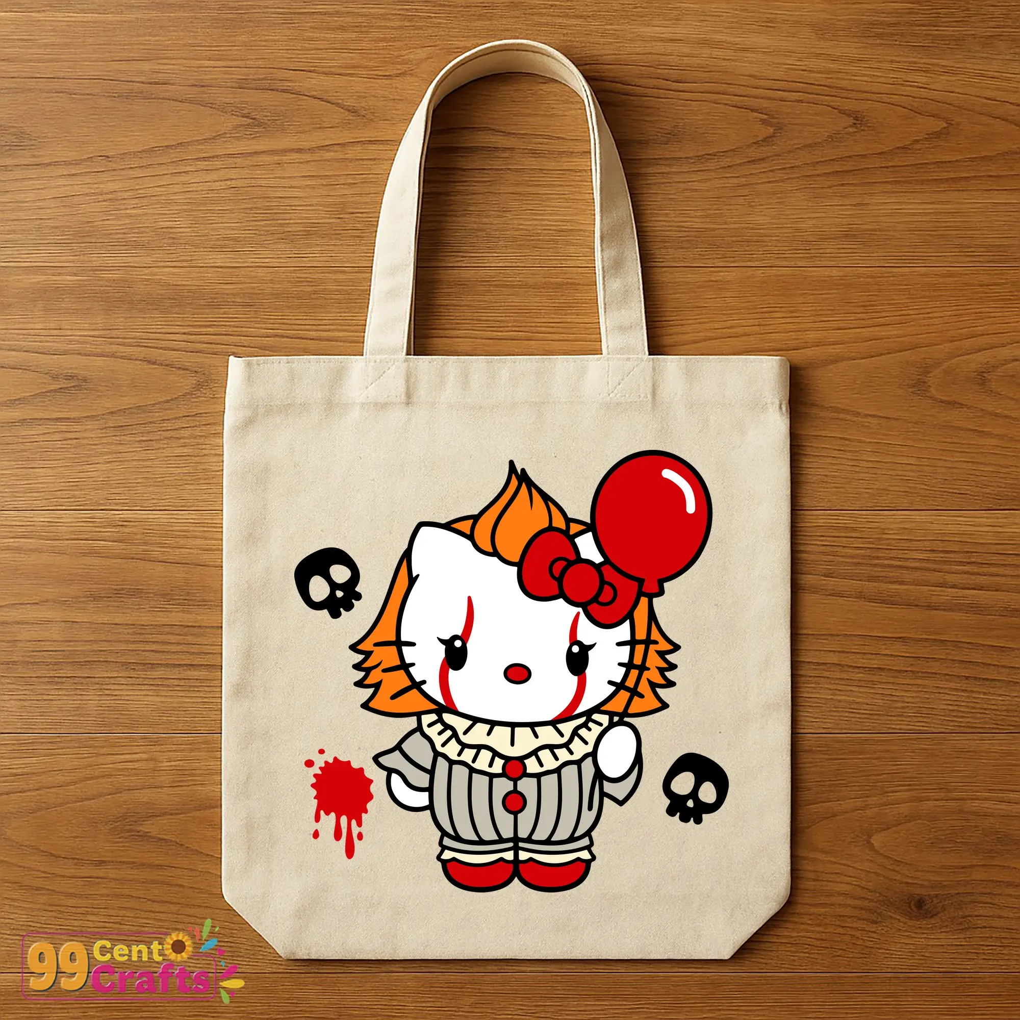 Hello Kitty Pennywise Halloween SVG design on tote bag mockup displaying creepy cute IT clown accessory