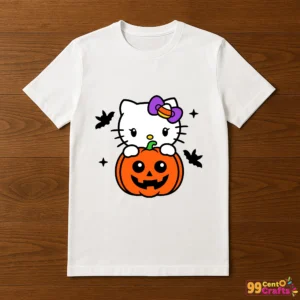 Hello Kitty Little Pumpkin Halloween design printed on t-shirt mockup showing cute kawaii style graphics