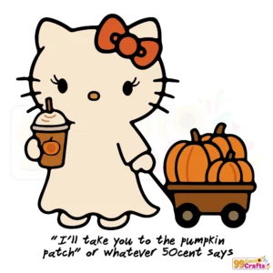 Hello Kitty pumpkin patch SVG design with cute ghost and Halloween coffee elements for Cricut and Silhouette cutting machines