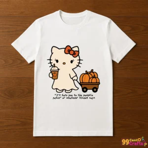 Hello Kitty pumpkin patch design printed on t-shirt mockup showing cute ghost and Halloween coffee themed graphics