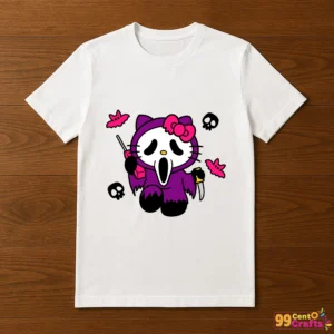 Hello Kitty Scream Ghost Face Halloween design on t-shirt mockup showing spooky cute apparel style